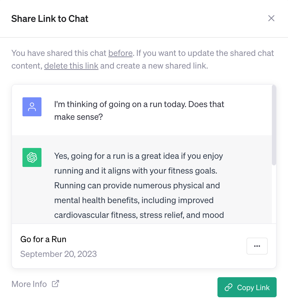 OpenAI's ChatGPT share interface showing a more info link at the bottom.