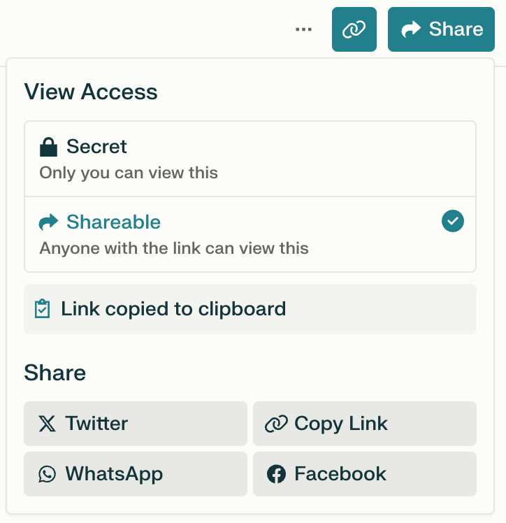 Perplexity AI share link showing 'shareable' selected, that it copied link to clipboard, and share options.